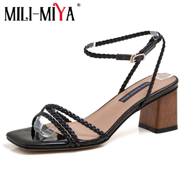 

sandals mili-miya trendy block high heel woven 2021 women gold black summer fashion square toe ankle strappy party dress shoes