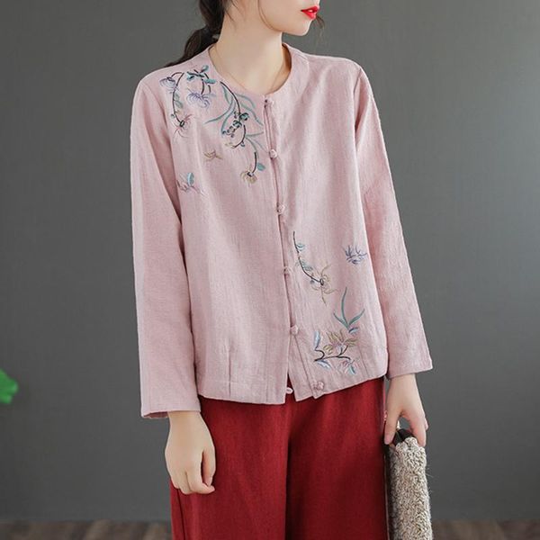 

women's jackets qpfjqd ladies cotton linen coats o-neck embroidery flower button 2021 antumn women soft chinese style coat long sleeve, Black;brown