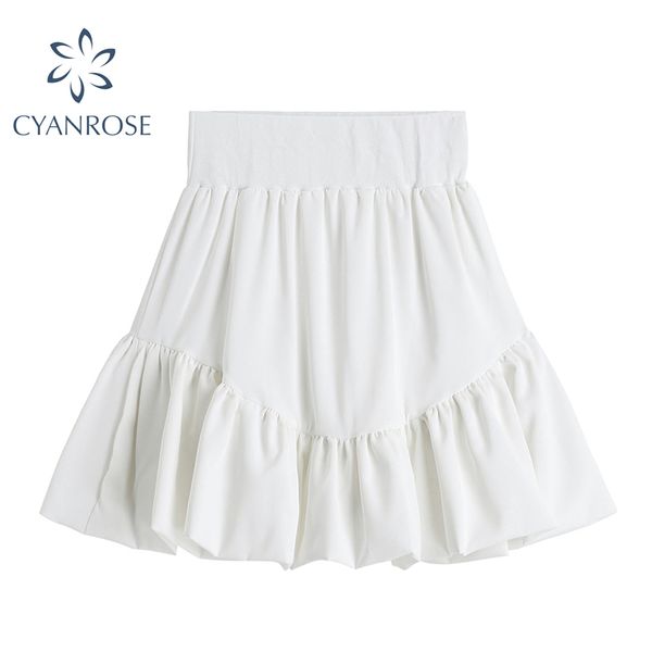 

women's white short fluffy skirts elegant draped elegant high waist crop skirt female vintage rok chic e girl clothes lady 210417, Black