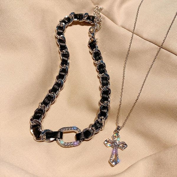 

double layered punk necklace cross black leather rhinestone metal clavicle chain for female fashion party pendant necklaces, Silver