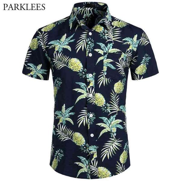 Marinho Abacaxi Abacaxi Camisa Havaiana Verão Mens de Manga Curta Vestido Camisas Tropical Floral Havaí Camisa Masculina Camisa Social 210524