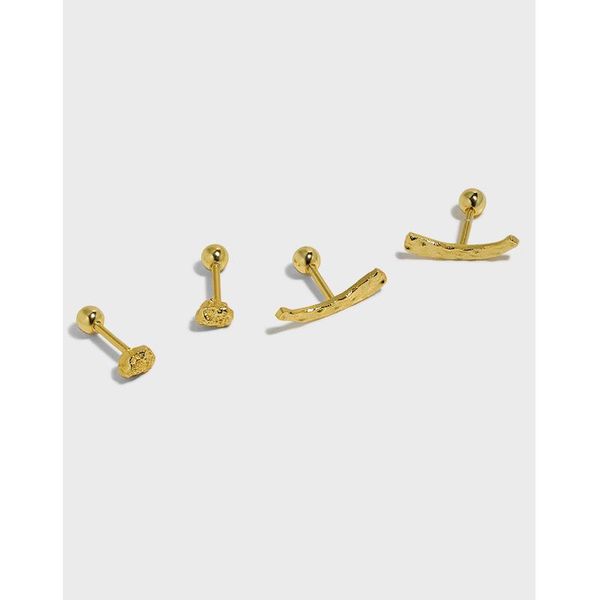 

stud authentic 925 sterling silver irregular texture rock stone & stick bar ear-bone piercing earrings screw back c-eft621, Golden;silver