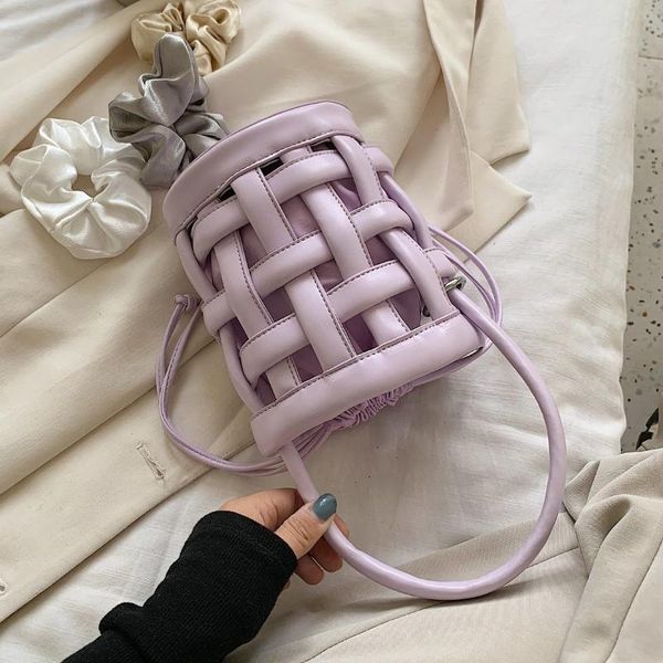 

cutout waffle small pu leather bucket bags crossbody for women 2021 solid color shoulder handbags female cross body bag evening