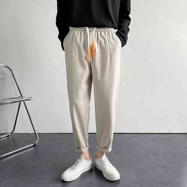

men's pants solid color formal suit korean fashion loose drawstring casual streetwear retro straight leg m-3xl diqh, Black