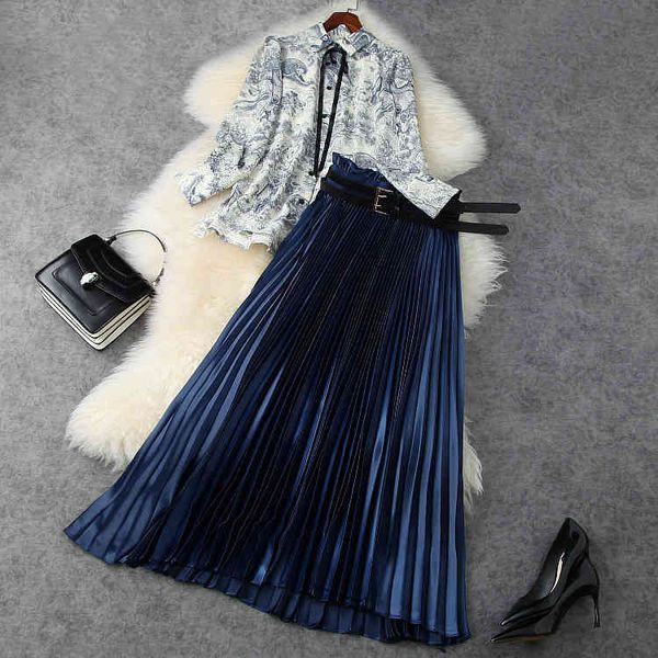 

dress european and american women's clothing 2021 spring a long-sleeved printed shirt blue pleated skirt fashion suits nht8, White