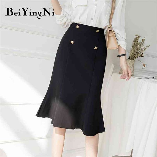 

womens skirts buttons slim retro work wear office ladies skirt knee-length ruffles chic high waist lining package hip 210506, Black