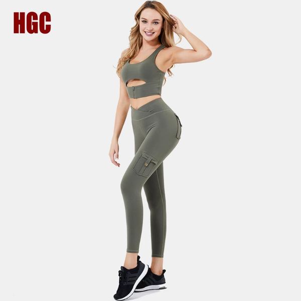 

yoga outfit women tracksuit pocket suit gym sport workout bra & pants running two-piece set crop halter fitness leggings hgc