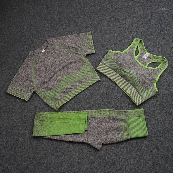 

yoga outfit 3pcs seamless set short sleeve crop gym fitness clothes sport bra high waist running leggings workout women sportswear