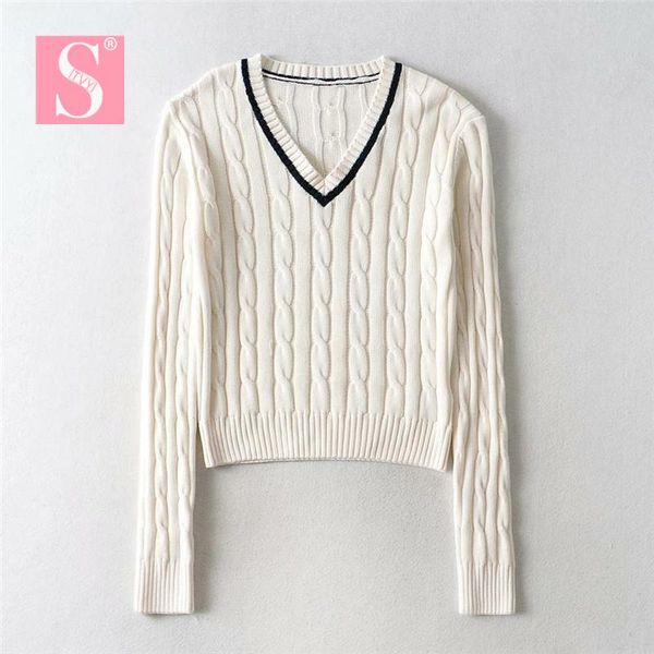 

women's sweaters stvy women v-neck sweater short style pullover 2021 autumn female slim long sleeve fashion white twist, White;black