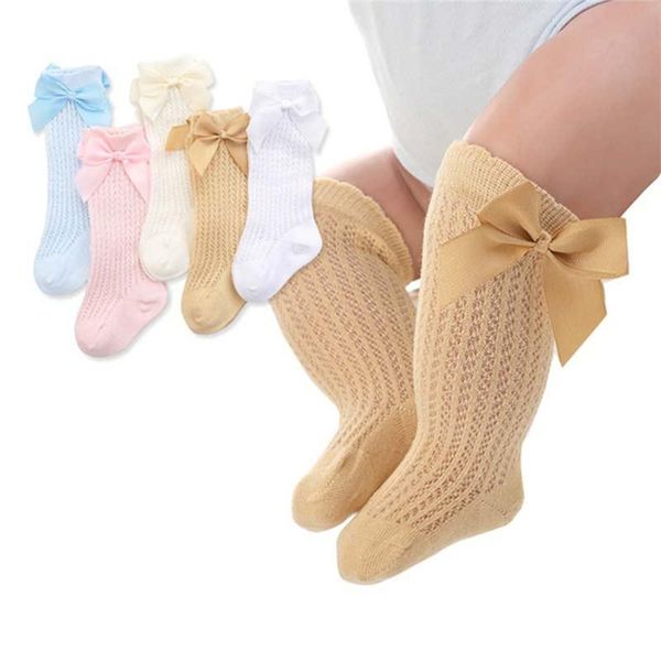 

baby girls tights toddler bow breathable cotton mesh ribbon high stockings born infant non-slip socks, Pink;yellow