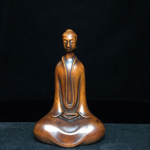 

china old beijing old goods exquisite boxwood carved buddha statue, Brown