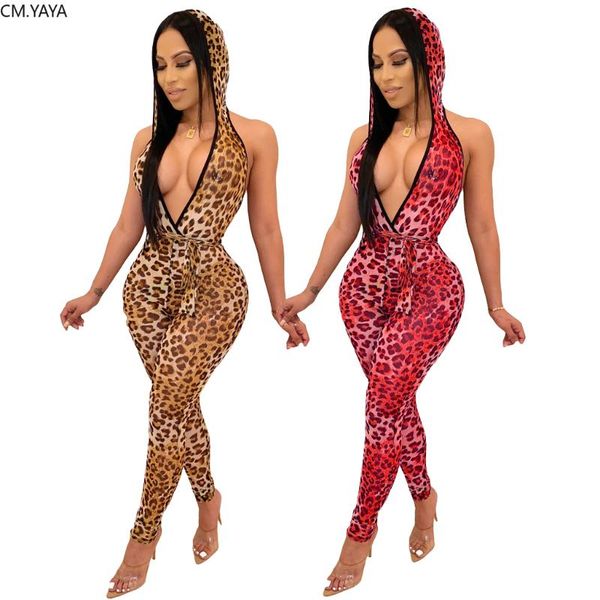 

women's jumpsuits & rompers gl autumn winter women hooded deep v neck sleeveless backless leopard print outfits nightclub m7262, Black;white