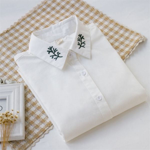 

spring autumn women long sleeve shirts office lady turn-down collar embroidery white blouse plus size cotton ladies d390 210512