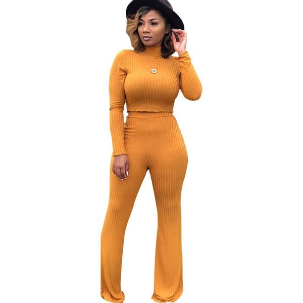 

women's two piece pants cotton knitted rib women sent casual long sleeve o neck crop with pant set elegant soft slim suit female, White