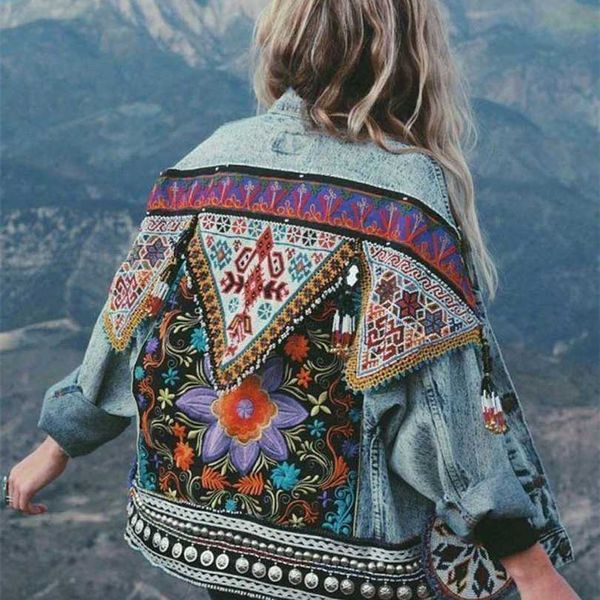 Boho ilham etnik nakış vintage denim ceket uzun kollu sonbahar kış ceket kadın boho tarzı ceket dış giyim 211014