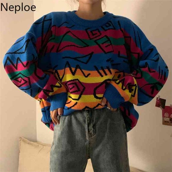 

neploe chic retro crazy style loose pull femme graffiti lover rainbow striped knit sweater o neck long sleeve patch pulllover 210805, White;black