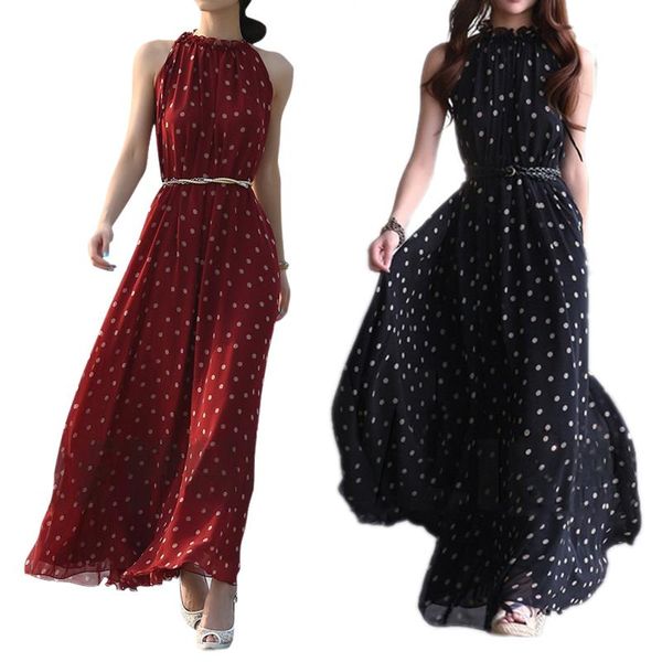 

women's chiffon dot vest maxi full long dress sleeveless with belt braid line