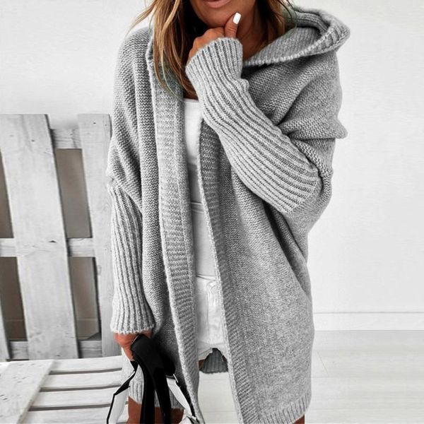 

women's jackets women's solid color hooded cotton knitted cardigan sweater open stitch batwing sleeve coat women female, Black;brown