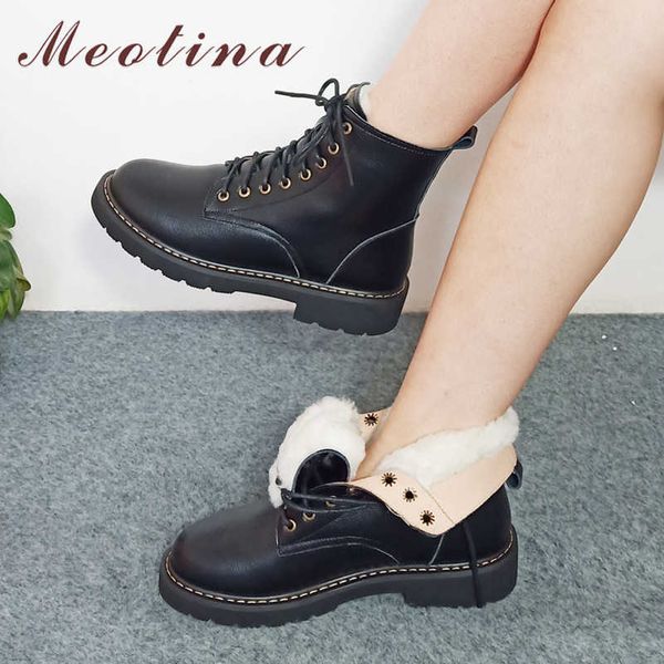 

meotina genuine leather ankle boots real wool fur flat platform motorcycle boots lace up shoes ladies short boots winter size 41 210608, Black