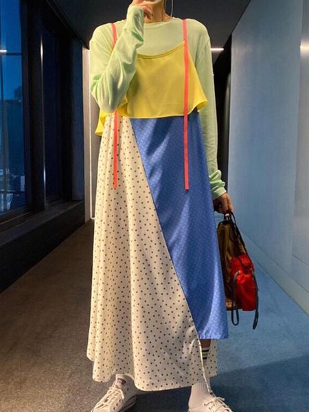 

casual dresses [ewq] 2021 summer playful childlike stitching floral lotus leaf dress korean chic polka dot trend ladies sling 2f0457, Black;gray