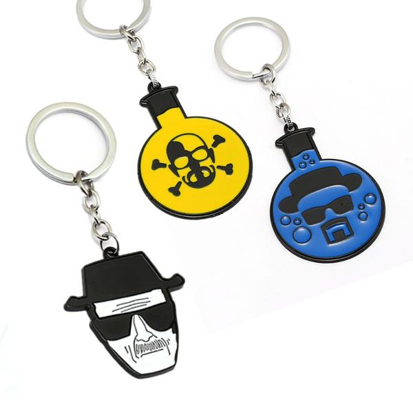

keychains 2021 movie walter white logo keychain skeleton pattern yellow blue round pendant keyring accessory, Silver