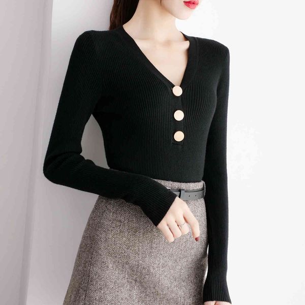

winter v-neck knitted sweaters slim long sleeve women's sweater bottoming blusa young girl sweaters clothing 201j 210420, White;black