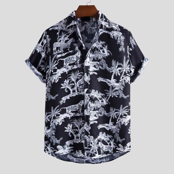 

men's casual shirts men summer shirt beach style green leaves printed hawaiian short sleeve turn down collar blouses camisa homme, White;black