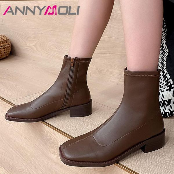 

boots annymoli real leather med heel women ankle chunky shoes square toe short zip female footwear autumn black