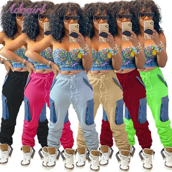 

women's pants & capris women sweatpants causal color patchwork high wait with pockets legging joggers outfit street cargo trousers vrw7, Black;white