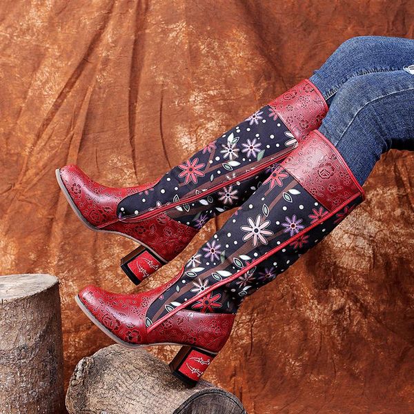 

boots women's knight national style embroidery flower knee high 2021 autumn winter thick heel black printed