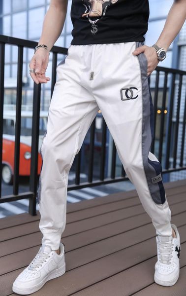 

men's pants 2021 high end oversized summer thin ice silk korean casual fashion color matching versatile white leggings, Black