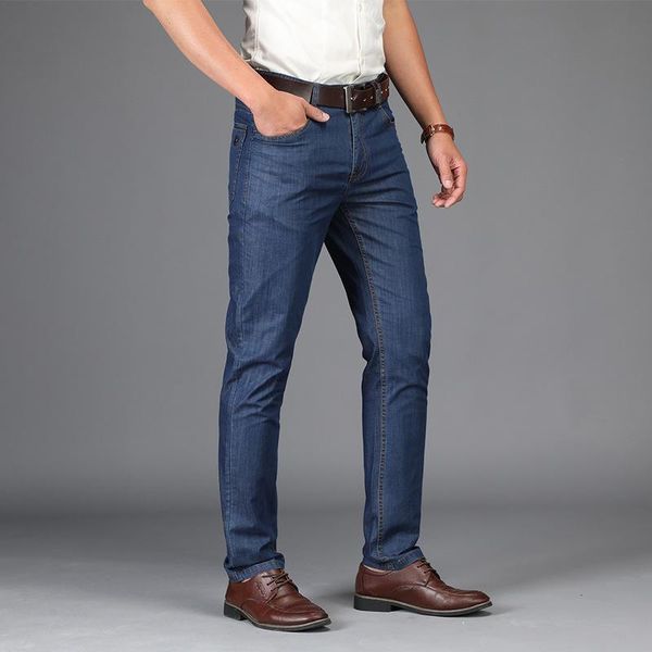 

men's jeans summer for men business casual stretch straight breathable thin denim pant male brand plus size long trousers, Blue