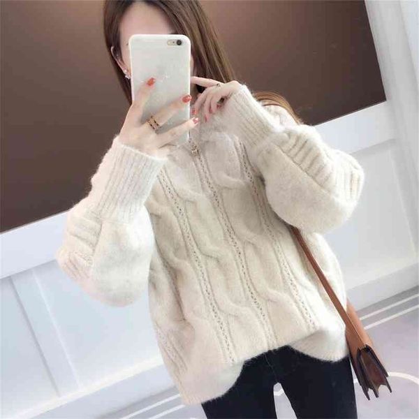 

loose lantern sleeve solid color knitted sweater women turtleneck long twisted striped lazy pullover femal spring 210427, White;black