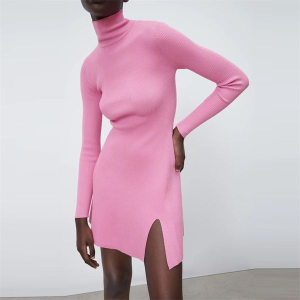 

women spring knitting solid mini dress long sleeve half open collar split fork female elasticity elegant dresses vestidos 210513, Black;gray