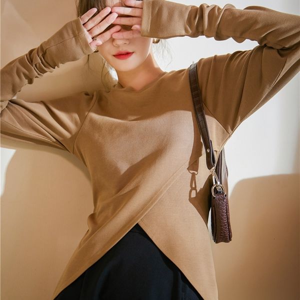 

women's t-shirt crewneck lantern sleeve asymmetrical long t women designer tshirt khaki tee autumn clothes zb3z, White