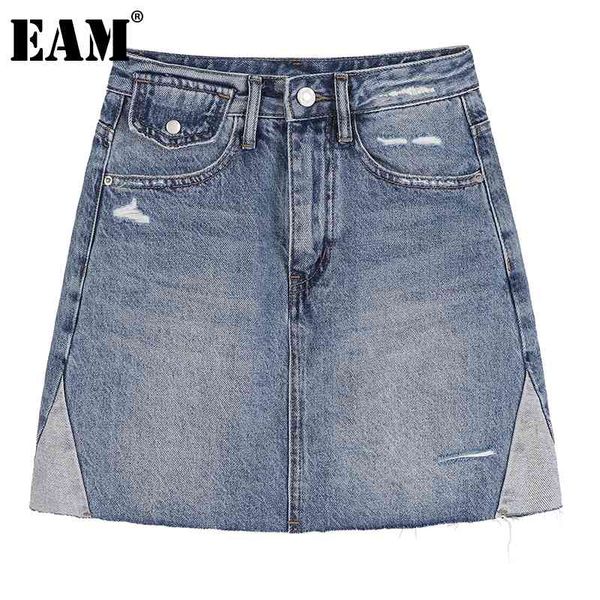 

[eam] high waist blue pocket black denim mini ruff spliced half-body skirt women fashion spring summer 1dd6807 210512