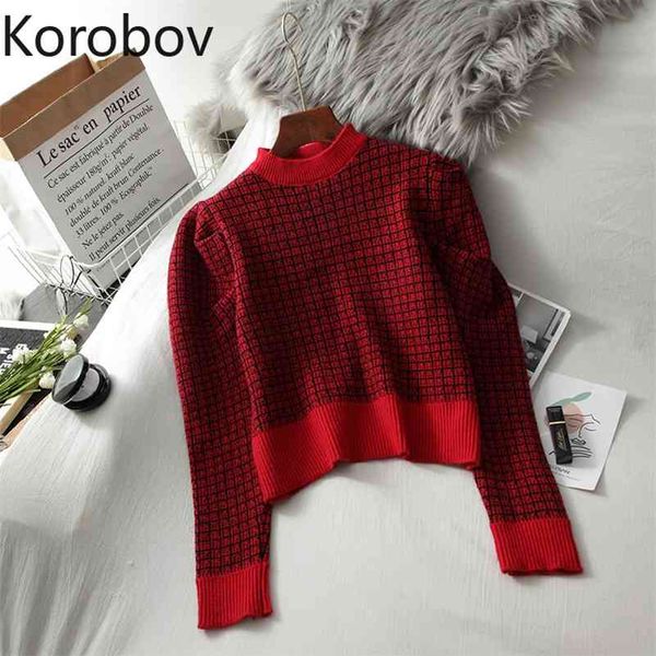 

korobov korean streetwear o neck long sleeve crop pullovers vintage harajuku chic plaid sweaters autumn winter sueter mujer 210430, White;black