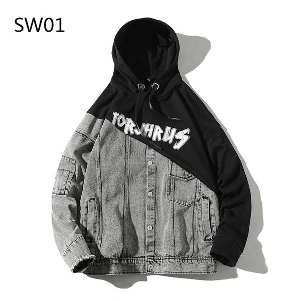 

men's jackets 2021 autumn models white denim stitching print hoodie trendy brand jacket men, Black;brown