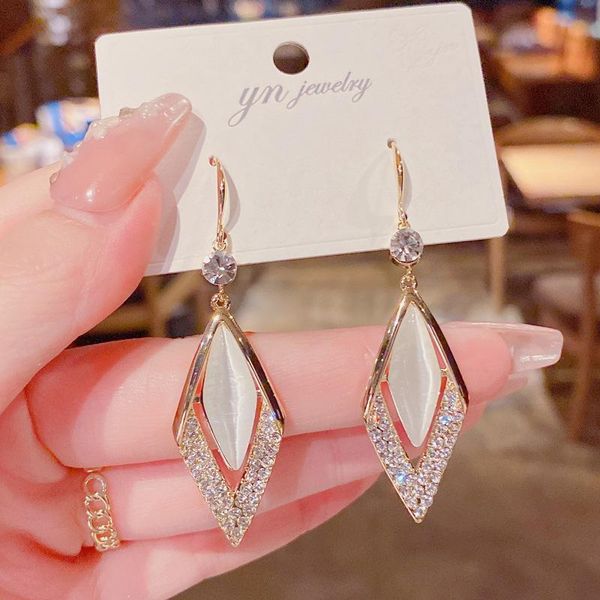 

dangle & chandelier 2021 silver needle pave diamond-studded geometric opal ear hook the same fashion wild and thin earrings women exquisite