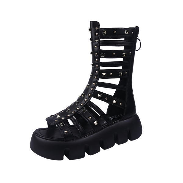 

sandals vmti 2021 summer breathable rear zipper sandal women's hollow rivet high-heeled platform roman shoes, Black