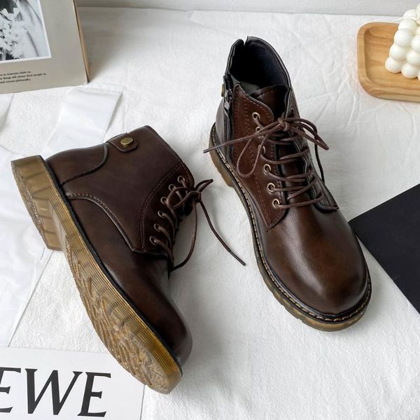 

boots eoeodoit spring autumn leather women casual retro square toe low heels ankle booties brogue shoes, Black