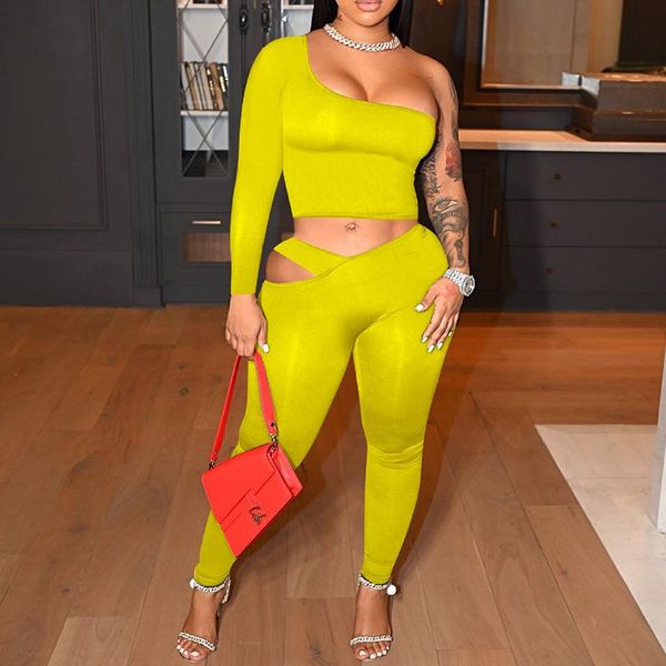 

women's two piece pants 2021 female asymmetric tight-fitting suit solid skew collar backless short t-shirt + cut out skinny long clubwe, White