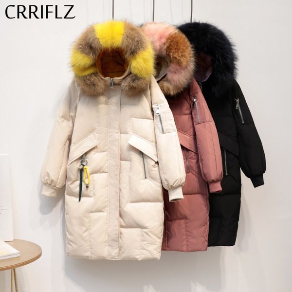 Longo Raccoon Collar Pele Inverno Branco Duck Down Jacket Mulheres Solto Quente Engrenado Com Capuz Parka Fêmea 210520