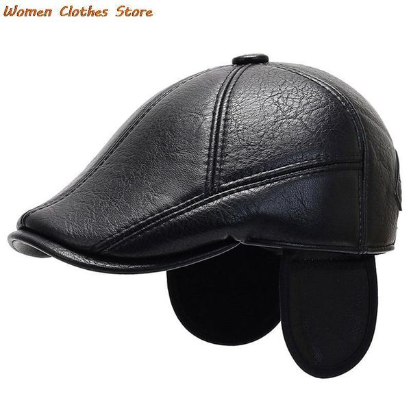 

berets men's outdoor classic leather hat winter male whit warm ear protection cap dad wholesale leisure bone, Blue;gray