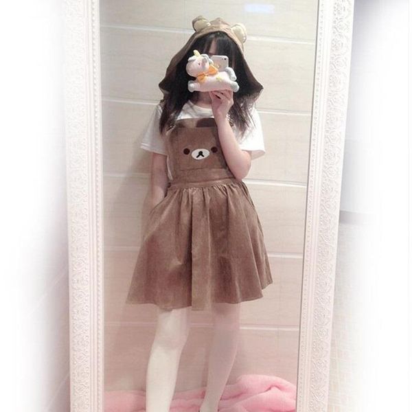 

kawaii rilakkuma corduroy cute women dresses bear knee length embroidery lolita overall bandage summer detachable hood, Black;gray