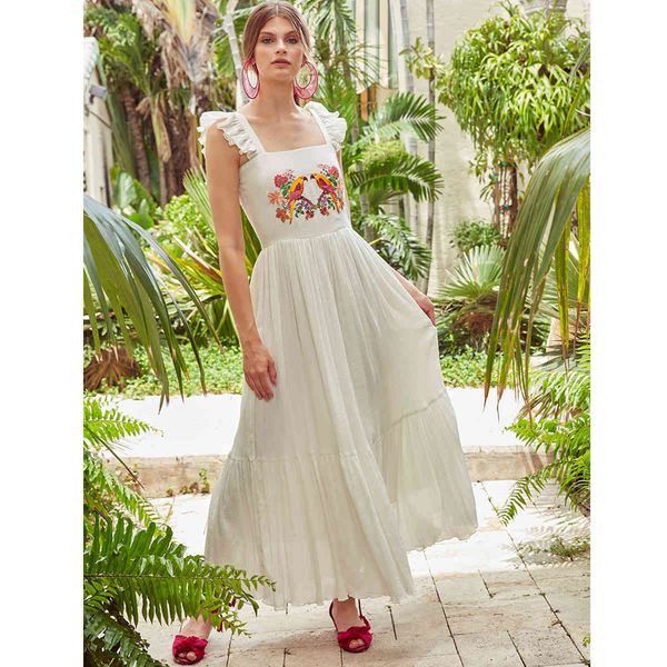 

casual dresses parrot embroidered maxi ruffle sleeve straps summer square neck long women dress beach chic female vestidos bej3, Black;gray