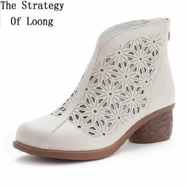 

boots summer retro korean style full grain leather thick heels flowers handmade cut out zipper women ankle short 20210610, Black
