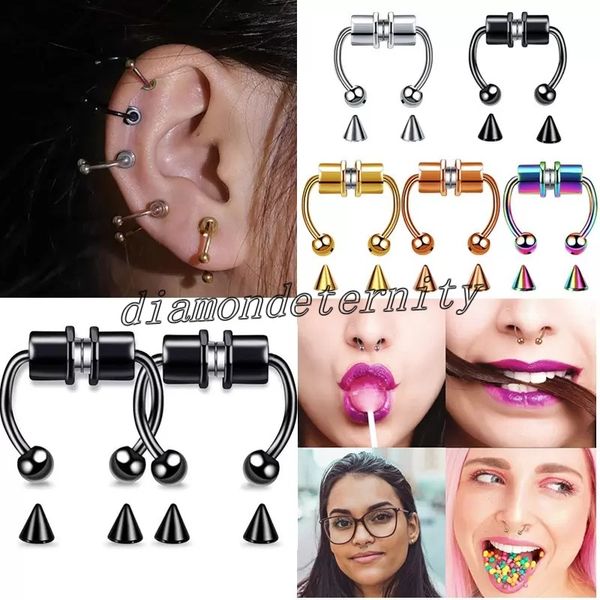 

anti allergy clip on nose rings studs magnet gold rainbow no hole stainless steel ring body jewelry for women fashion accessories, Silver