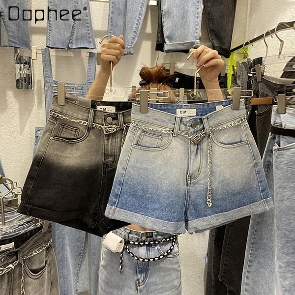 

women's jeans 2021 summer high waist gradient color washed denim shorts chain belt curling wide leg a- line pants women, Blue