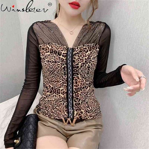 

spring fall european style t-shirt girl fashion v-neck shiny diamonds patchwork mesh women pullover tees t11308a 210421, White